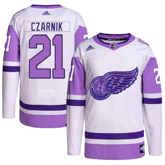 Austin Czarnik Detroit Red Wings Youth Authentic Hockey Fights Cancer Primegreen Adidas Jersey - White/Purple