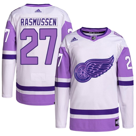 Michael Rasmussen Detroit Red Wings Youth Authentic Hockey Fights Cancer Primegreen Adidas Jersey - White/Purple