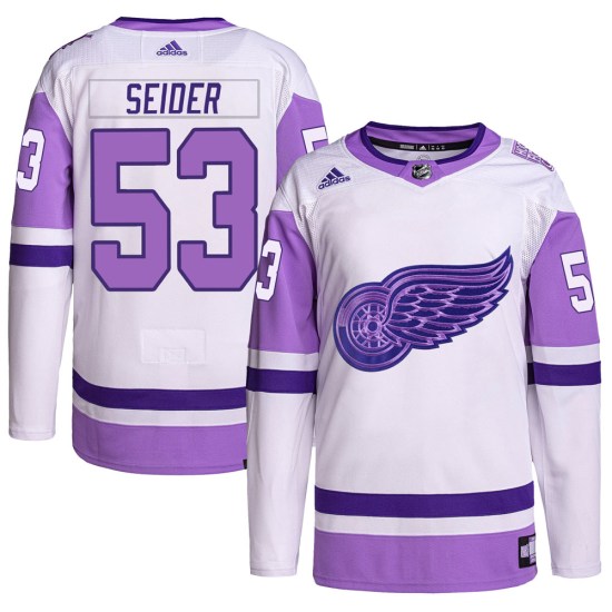 Moritz Seider Detroit Red Wings Youth Authentic Hockey Fights Cancer Primegreen Adidas Jersey - White/Purple