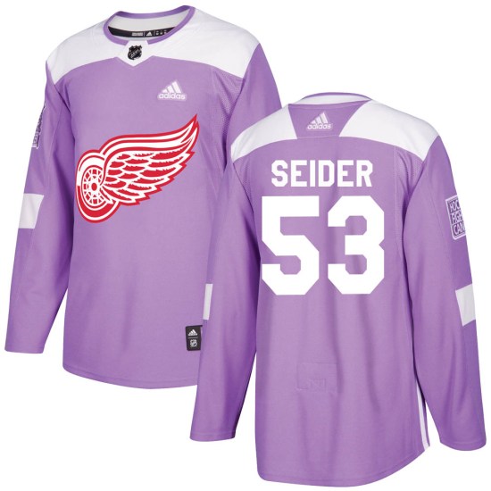 Moritz Seider Detroit Red Wings Authentic Hockey Fights Cancer Practice Adidas Jersey - Purple