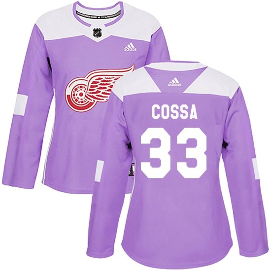 Sebastian Cossa Detroit Red Wings Women's Authentic Hockey Fights Cancer Practice Adidas Jersey - Purple