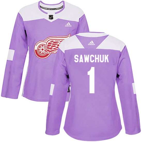 Terry Sawchuk Detroit Red Wings Women's Authentic Hockey Fights Cancer Practice Adidas Jersey - Purple